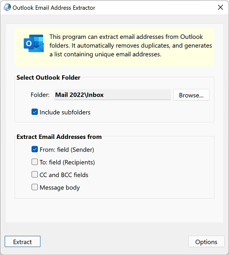 Outlook Email Extractor: Extract Email Addresses from Outlook Emails (mail folders), Extract outlook email addresses. Outlook Extractor
